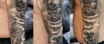 10 kol kaplama gemi pusula dövmesi siyah gölgeli - Dövme Modelleri